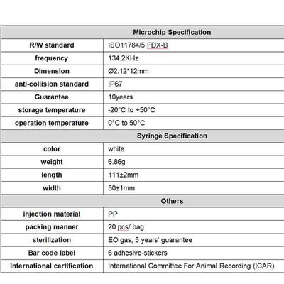 Wytrzymały Fofia Nowy gorąco sprzedawany RFID 134.2kHz PP Materiał Dog ID Mikrochip wodoodporny użytek gospodarstwa domowego Injekcja dla zwierząt domowych 1,5 roku