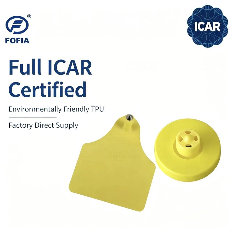 FOFIA Nowy pełny ICAR Trwały wodoodporny RFID LF TPU Żółte etykiety uszu ET908+T905 EM4305 Chipy 5-letnia gwarancja bydło 14,5 mm